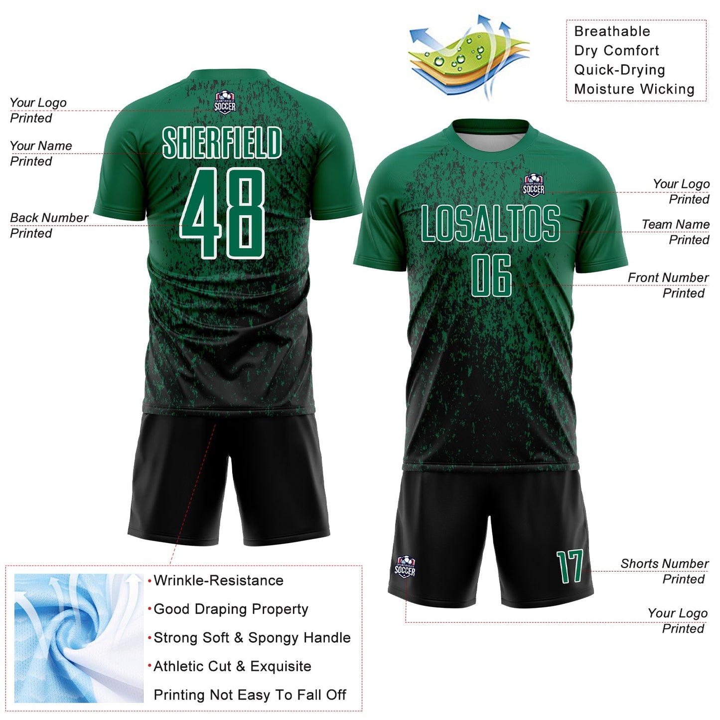 Custom Kelly Green Black-White Abstract Fragment Art Sublimation Soccer Uniform Jersey
