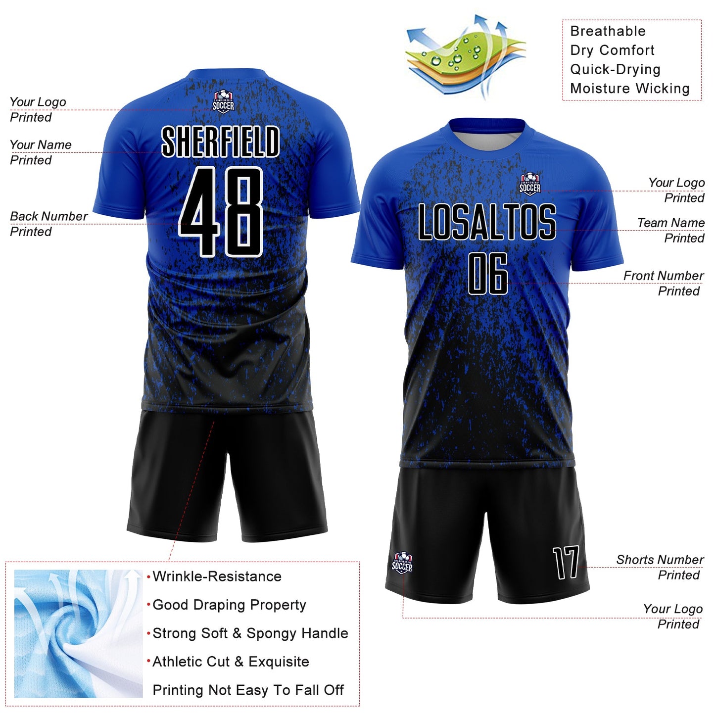 Custom Thunder Blue Black-White Abstract Fragment Art Sublimation Soccer Uniform Jersey