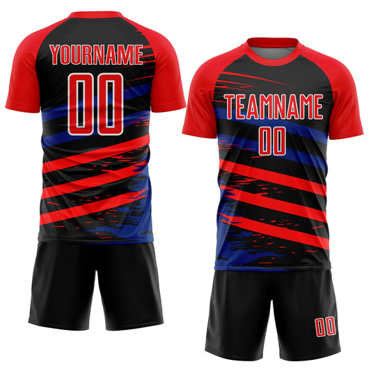 Custom Fire Red Royal-Black Line Sublimation Soccer Uniform Jersey
