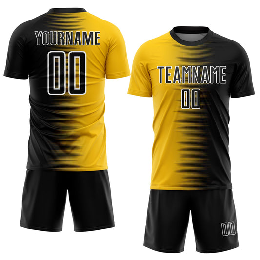 Custom Black Yellow-White Gradient Line Sublimation Soccer Uniform Jersey