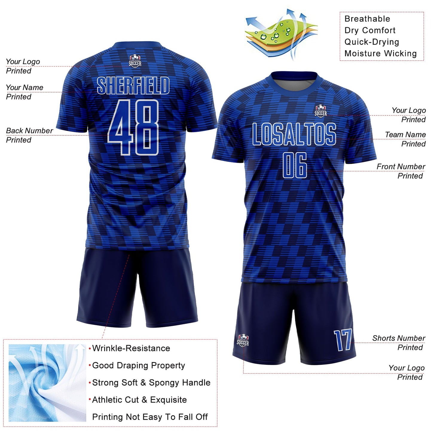 Custom Navy Thunder Blue-White Line Sublimation Soccer Uniform Jersey