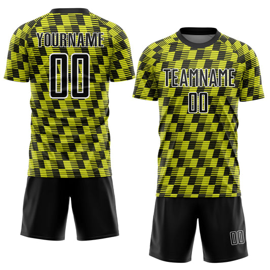 Custom Black Neon Yellow-White Line Sublimation Soccer Uniform Jersey