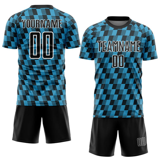Custom Black Sky Blue-White Line Sublimation Soccer Uniform Jersey