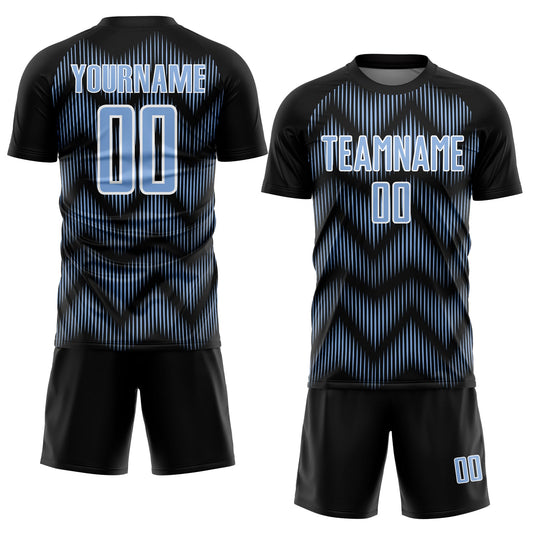 Custom Black Light Blue-White Line Sublimation Soccer Uniform Jersey