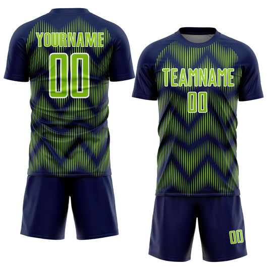 Custom Navy Neon Green-White Line Sublimation Soccer Uniform Jersey