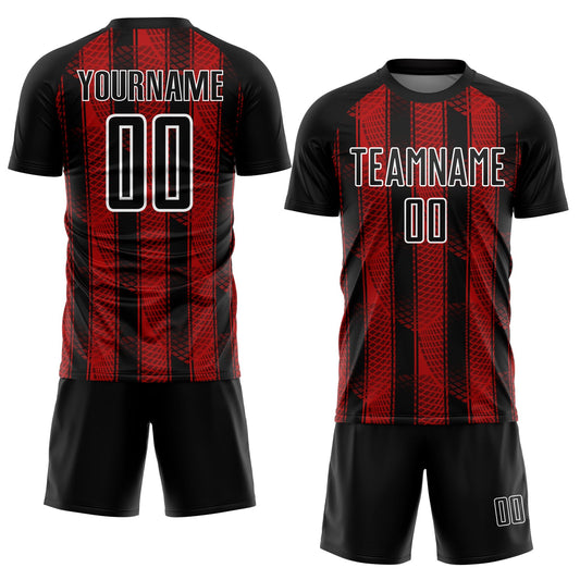 Custom Black Red-White Abstract Network Sublimation Soccer Uniform Jersey