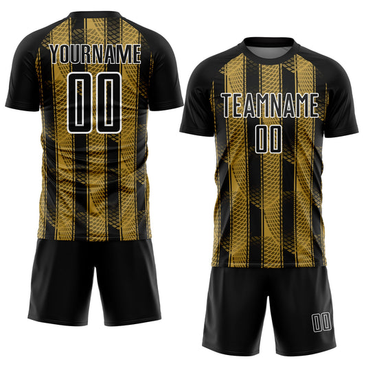 Custom Black Old Gold-White Abstract Network Sublimation Soccer Uniform Jersey