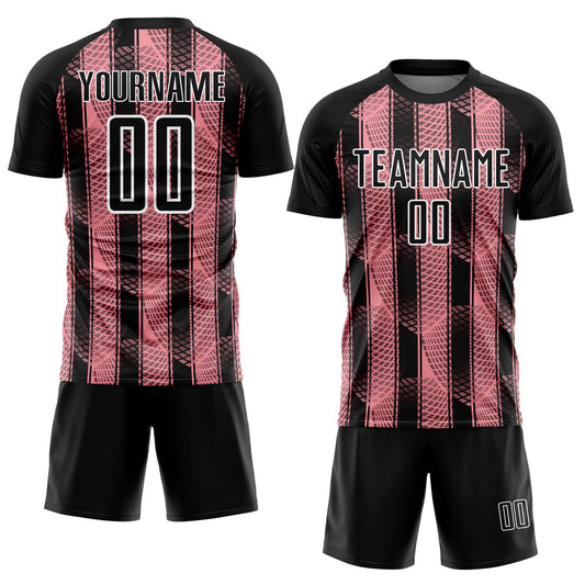 Custom Black Medium Pink-White Abstract Network Sublimation Soccer Uniform Jersey