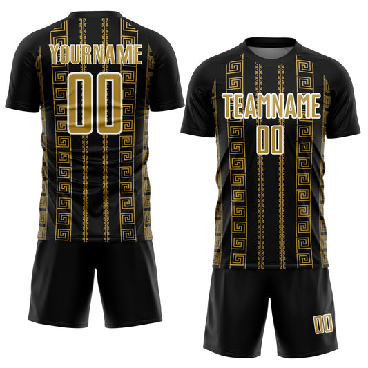 Custom Black Old Gold-White Geometric Shape Sublimation Soccer Uniform Jersey