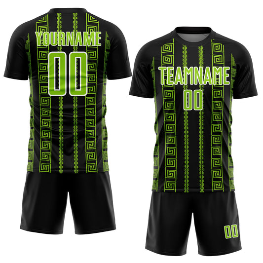 Custom Black Neon Green-White Geometric Shape Sublimation Soccer Uniform Jersey