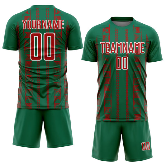 Custom Kelly Green Red-White Geometric Shape Sublimation Soccer Uniform Jersey