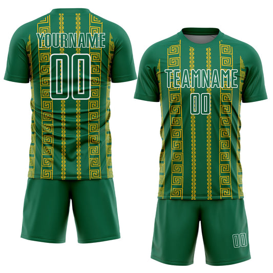 Custom Kelly Green Gold-White Geometric Shape Sublimation Soccer Uniform Jersey