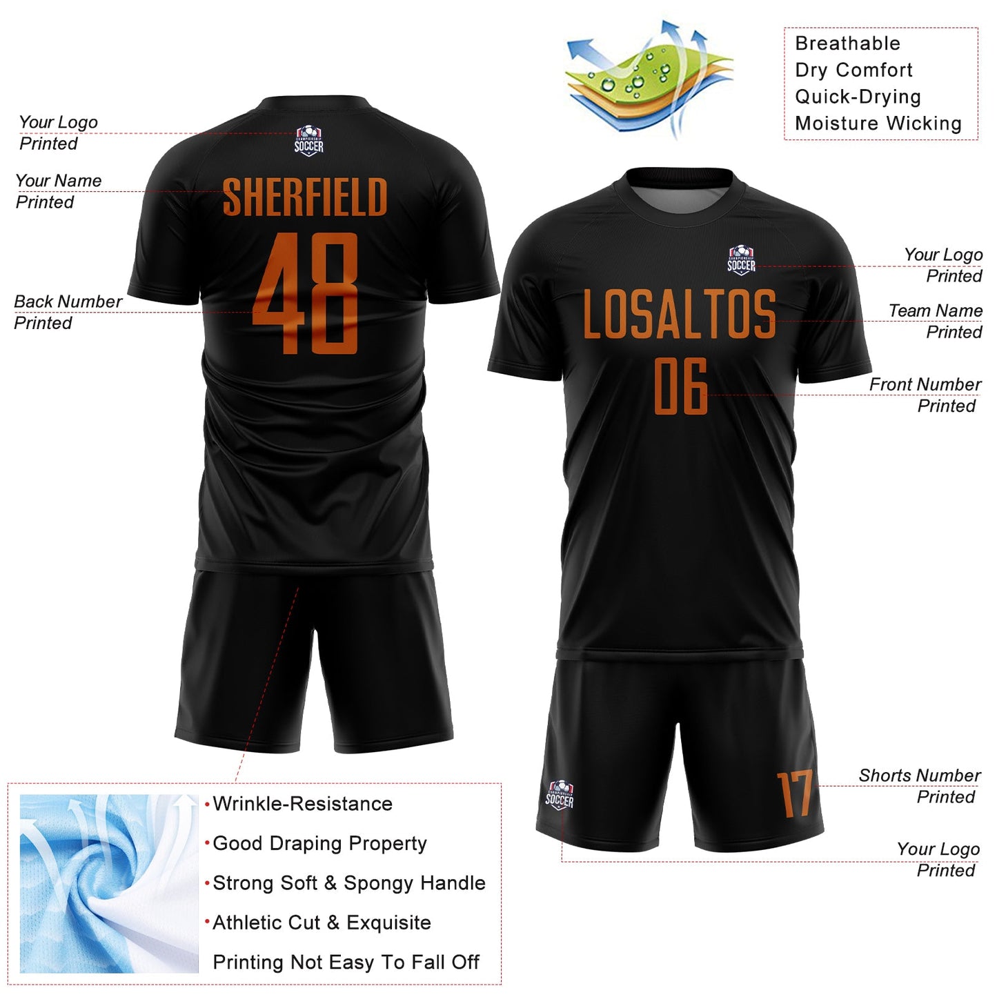 Custom Black Texas Orange Sublimation Soccer Uniform Jersey