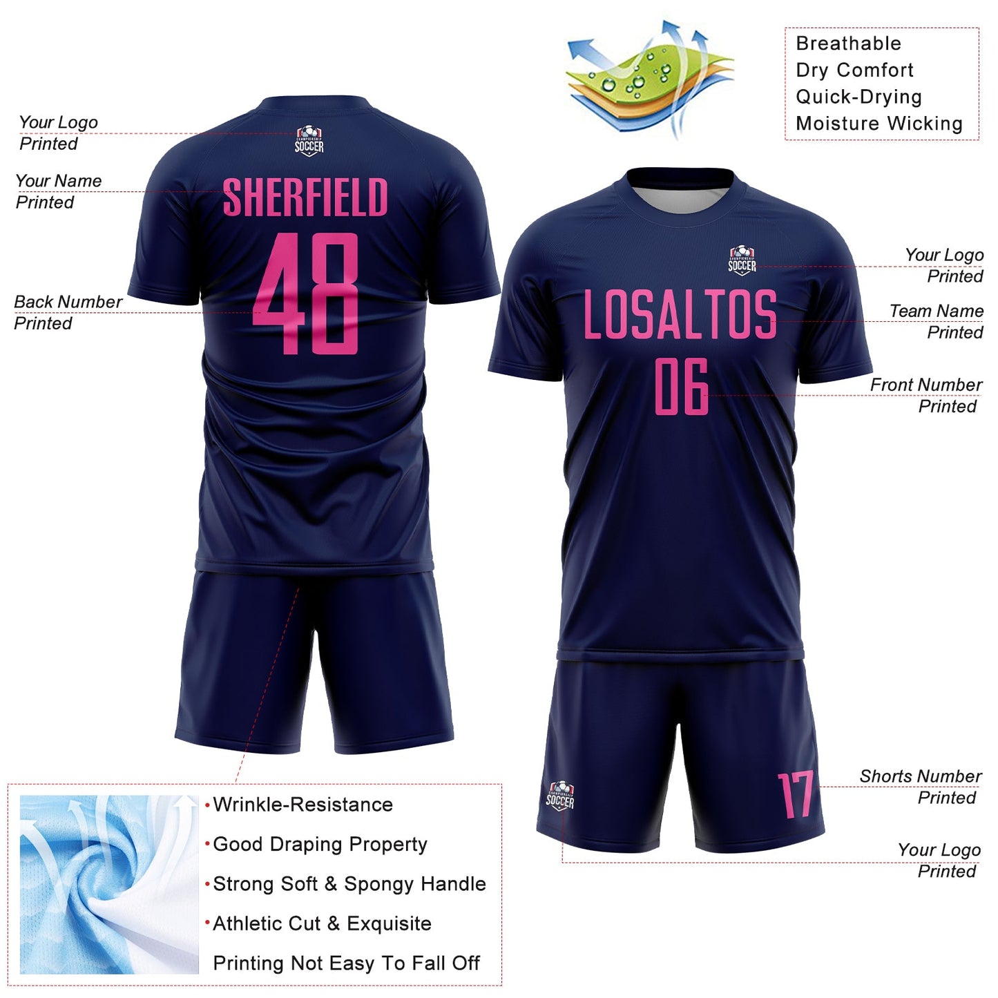 Custom Navy Pink Sublimation Soccer Uniform Jersey