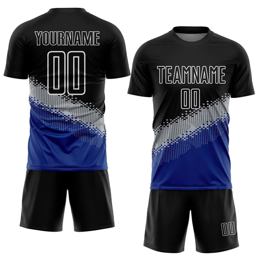 Custom Black Gray-Royal Gradient Geometric Shape Sublimation Soccer Uniform Jersey