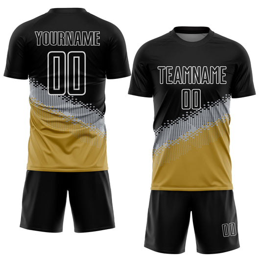 Custom Black Gray-Old Gold Gradient Geometric Shape Sublimation Soccer Uniform Jersey