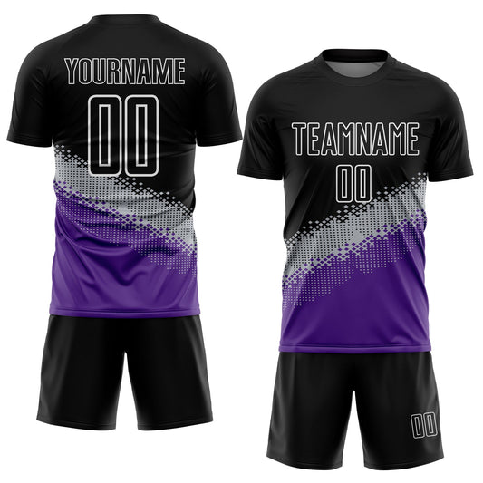 Custom Black Gray-Purple Gradient Geometric Shape Sublimation Soccer Uniform Jersey