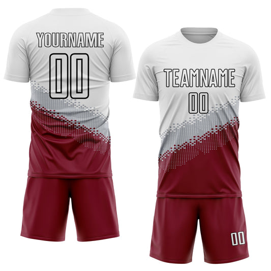Custom White Gray Crimson-Black Gradient Geometric Shape Sublimation Soccer Uniform Jersey