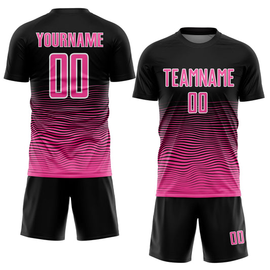 Custom Black Pink-White Gradient Line Sublimation Soccer Uniform Jersey