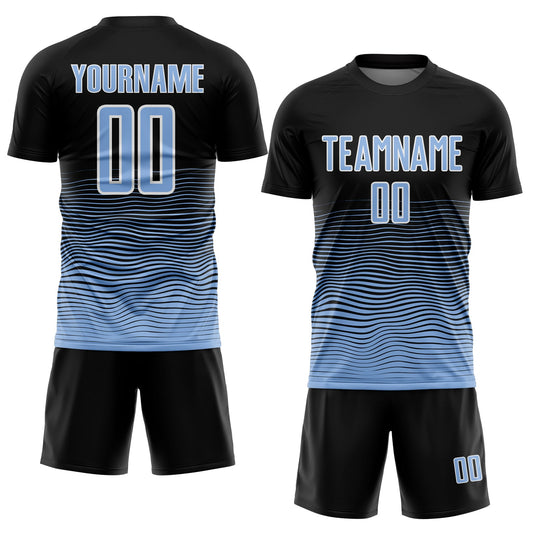 Custom Black Light Blue-White Gradient Line Sublimation Soccer Uniform Jersey