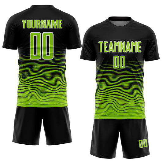 Custom Black Neon Green-White Gradient Line Sublimation Soccer Uniform Jersey