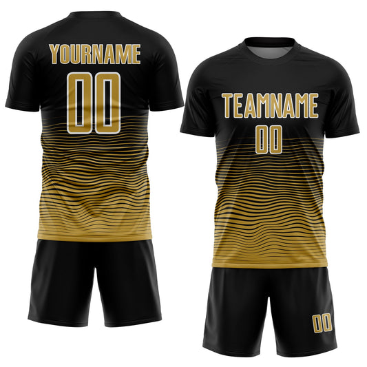 Custom Black Old Gold-White Gradient Line Sublimation Soccer Uniform Jersey