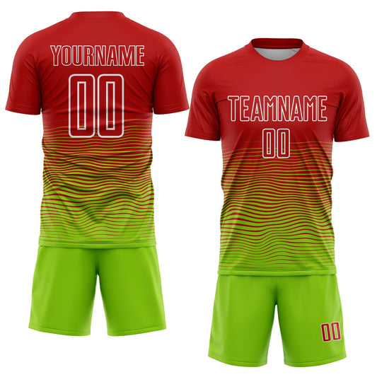 Custom Red Neon Green-White Gradient Line Sublimation Soccer Uniform Jersey
