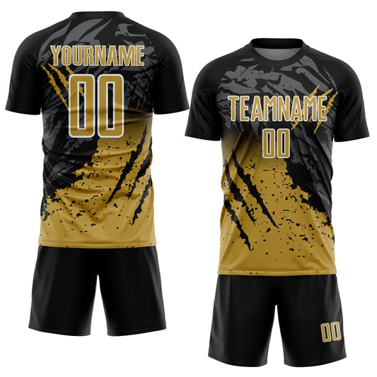 Custom Black Old Gold-White Gradient Scratch Splash Sublimation Soccer Uniform Jersey