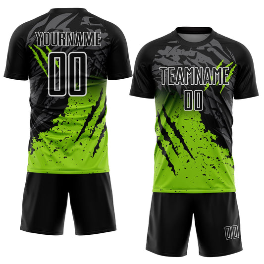 Custom Black Neon Green-White Gradient Scratch Splash Sublimation Soccer Uniform Jersey