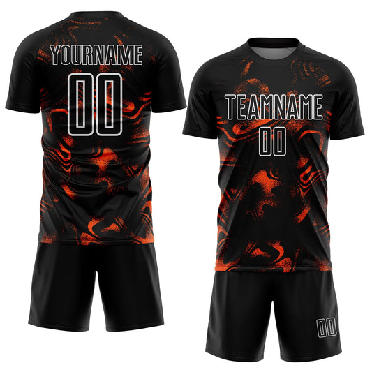 Custom Black Orange-White Abstract Liquid Sublimation Soccer Uniform Jersey