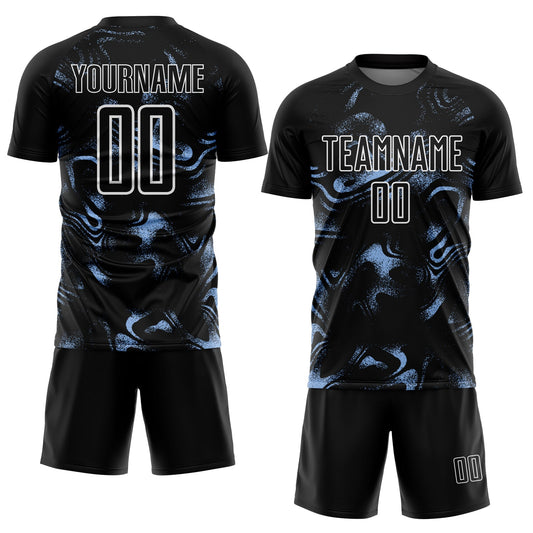 Custom Black Light Blue-White Abstract Liquid Sublimation Soccer Uniform Jersey