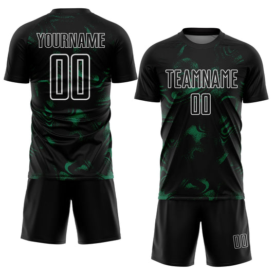 Custom Black Kelly Green-White Abstract Liquid Sublimation Soccer Uniform Jersey