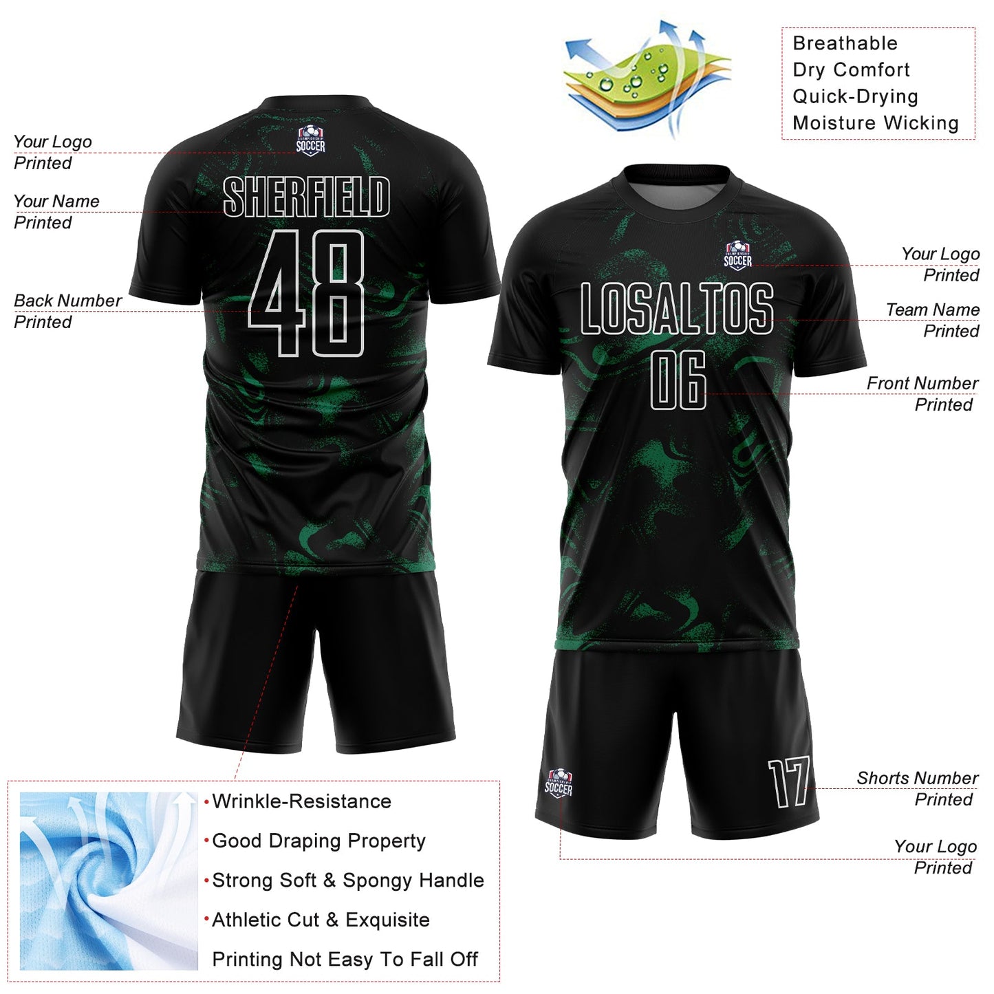 Custom Black Kelly Green-White Abstract Liquid Sublimation Soccer Uniform Jersey