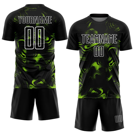 Custom Black Neon Green-White Abstract Liquid Sublimation Soccer Uniform Jersey
