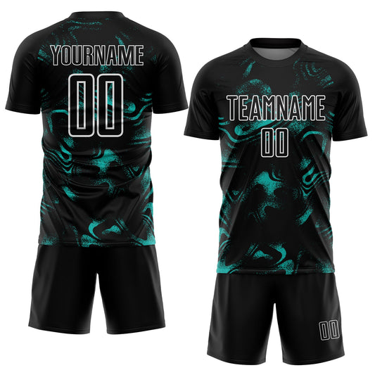 Custom Black Aqua-White Abstract Liquid Sublimation Soccer Uniform Jersey