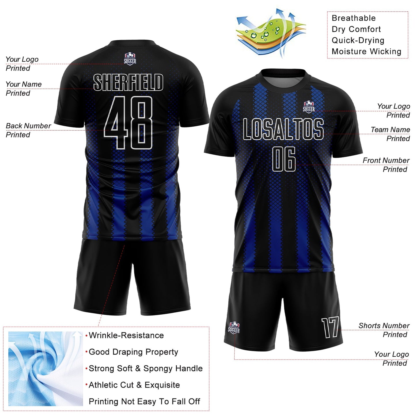 Custom Black Royal-White Geometric Shape Sublimation Soccer Uniform Jersey