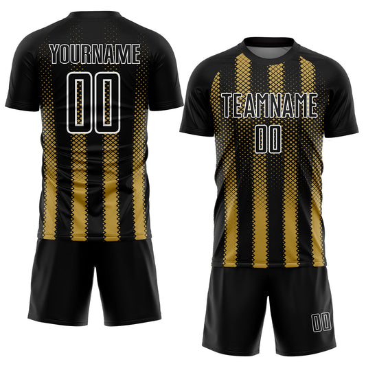 Custom Black Old Gold-White Geometric Shape Sublimation Soccer Uniform Jersey