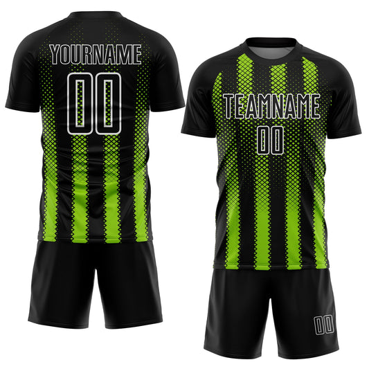 Custom Black Neon Green-White Geometric Shape Sublimation Soccer Uniform Jersey