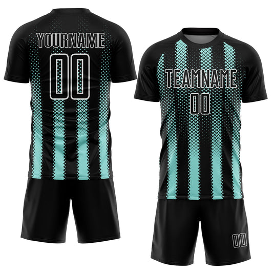 Custom Black Ice Blue-White Geometric Shape Sublimation Soccer Uniform Jersey