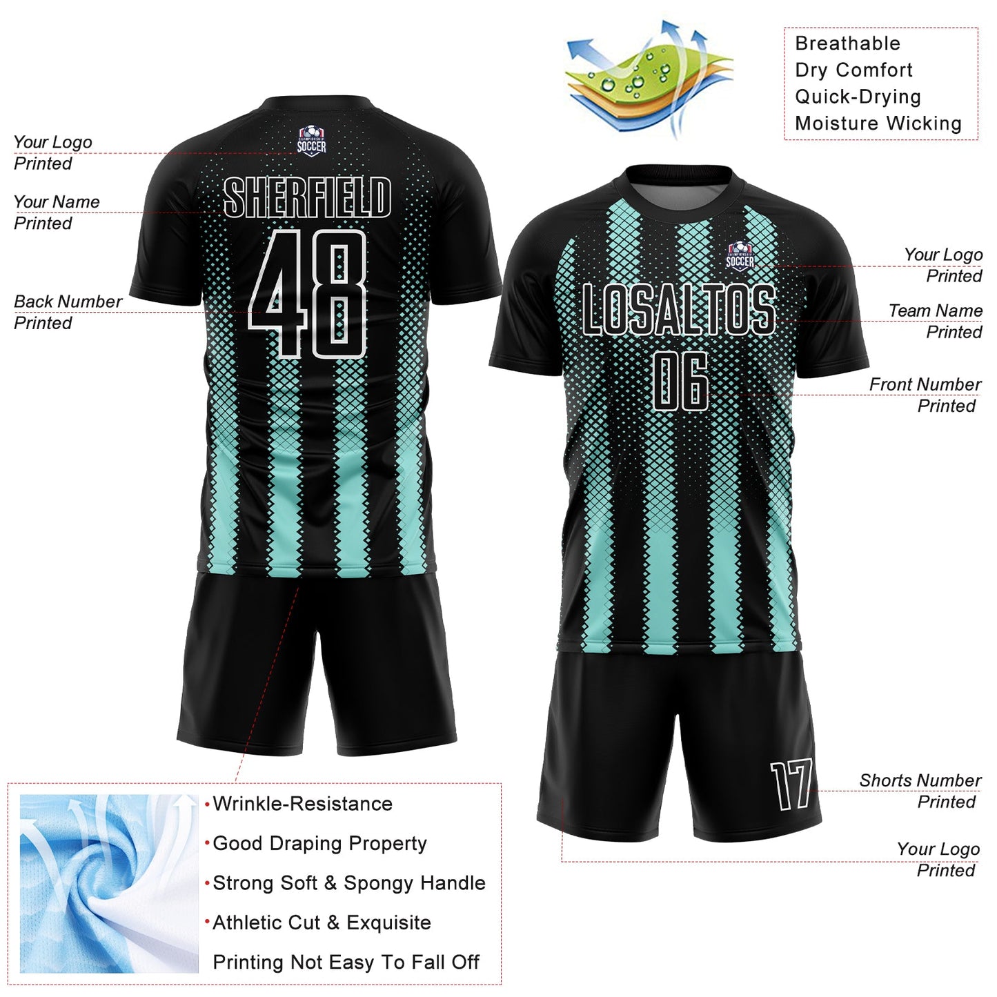 Custom Black Ice Blue-White Geometric Shape Sublimation Soccer Uniform Jersey