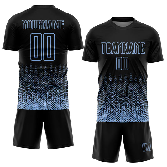 Custom Black Light Blue Geometric Shape Sublimation Soccer Uniform Jersey