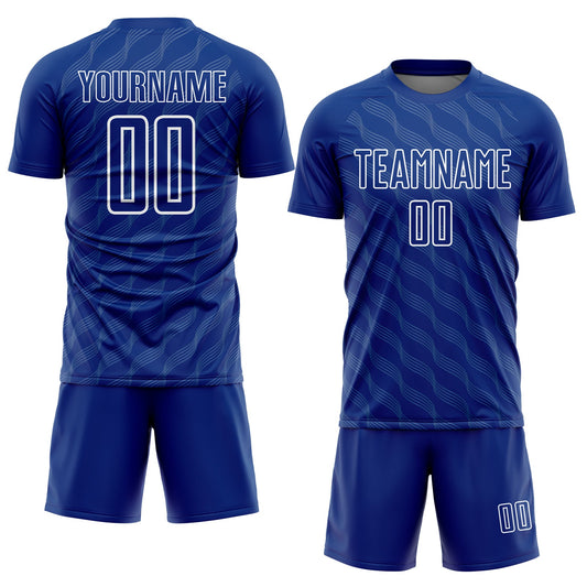 Custom Royal White Waves Shape Sublimation Soccer Uniform Jersey