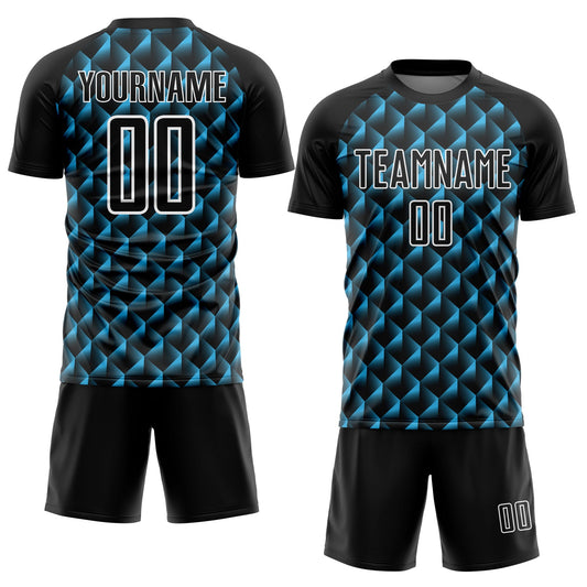 Custom Black Sky Blue-White Geometric Shape Sublimation Soccer Uniform Jersey