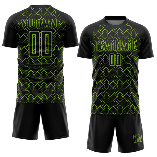 Custom Black Neon Green Geometric Shape Sublimation Soccer Uniform Jersey