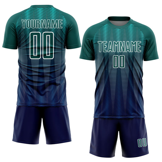 Custom Neon Green Navy-White Gradient Line Sublimation Soccer Uniform Jersey