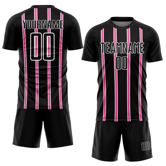 Custom Black Pink-White Stripe Line Sublimation Soccer Uniform Jersey