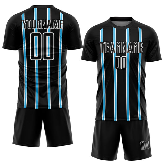 Custom Black Sky Blue-White Stripe Line Sublimation Soccer Uniform Jersey