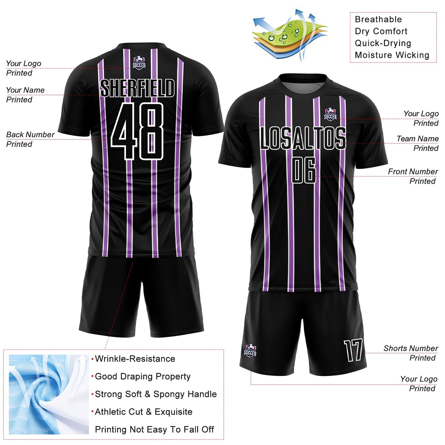 Custom Black Medium Purple-White Stripe Line Sublimation Soccer Uniform Jersey
