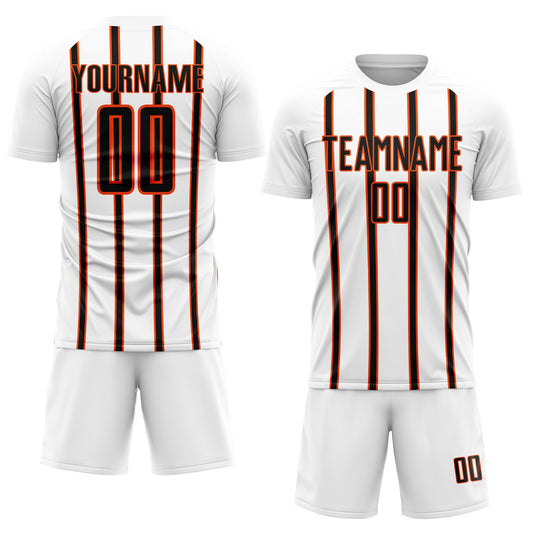 Custom White Black-Orange Stripe Line Sublimation Soccer Uniform Jersey