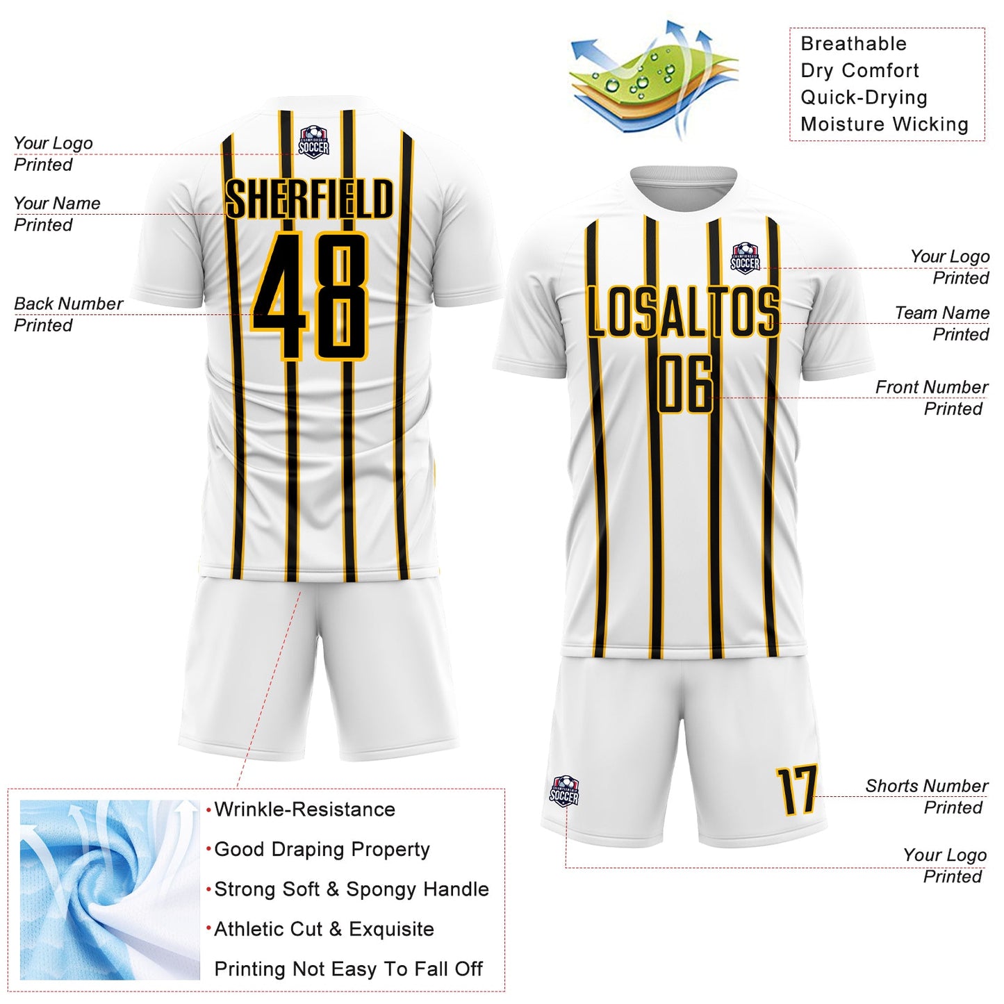 Custom White Black-Gold Stripe Line Sublimation Soccer Uniform Jersey